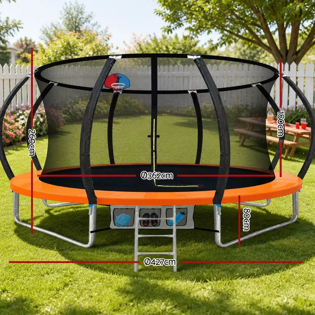 14ft Trampoline Rebounder with Basketball Hoop Ladder Safety Netting Orange