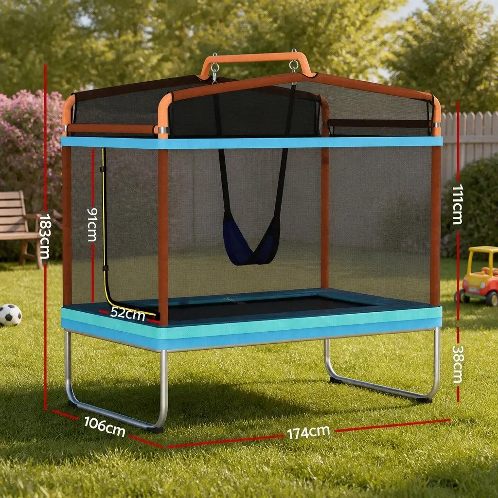 6FT Kids Rectangle Trampoline for Outdoor Play with Swing Enclosure Safety Net and Anti-Graze Jumping Mat
