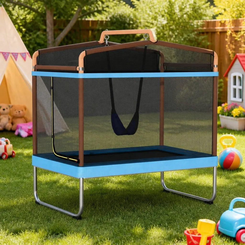 6FT Kids Rectangle Trampoline for Outdoor Play with Swing Enclosure Safety Net and Anti-Graze Jumping Mat