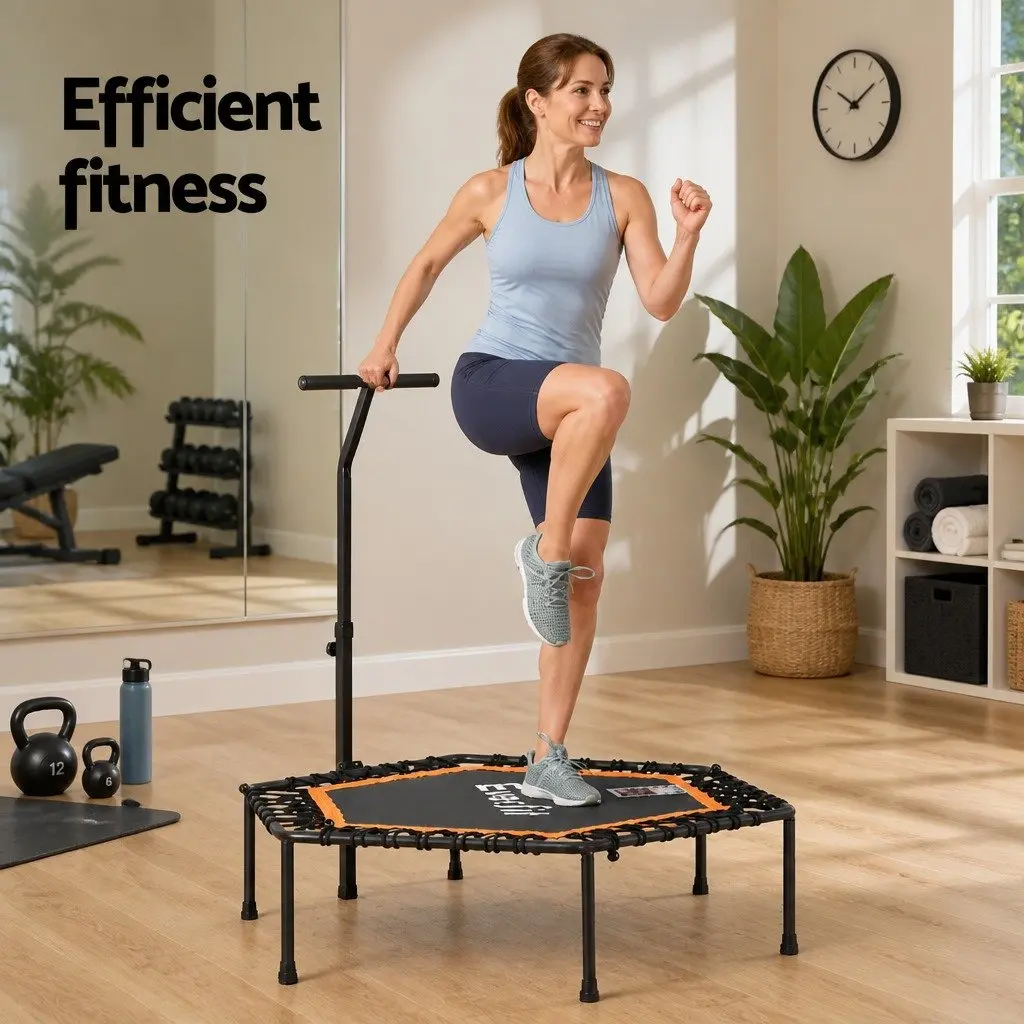51 Inch Hexagon Fitness Trampoline Rebounder Adjustable Handrail Home Gym