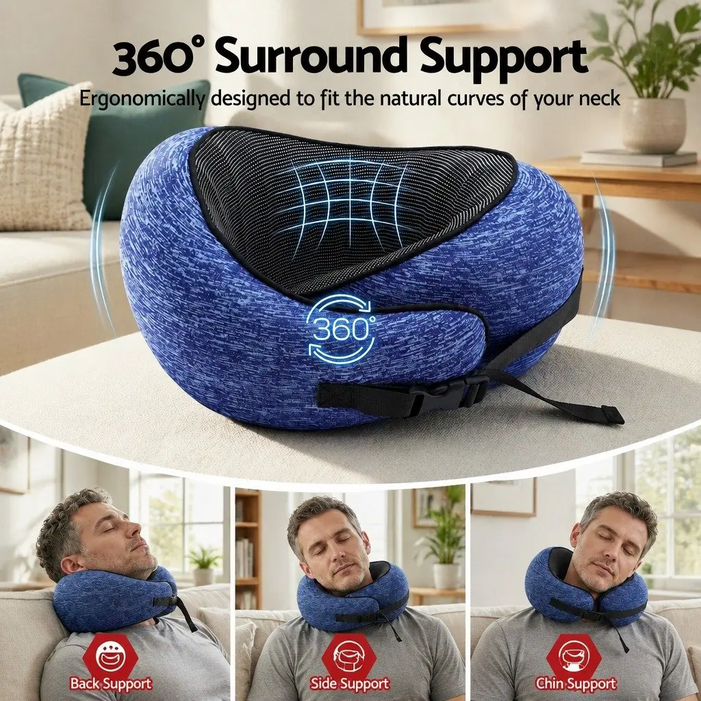 Travel Neck Pillow Ergonomic Memory Foam Support Airplane Car Office Home Blue