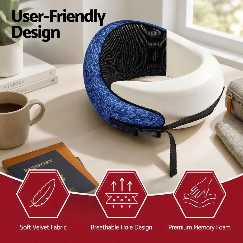 Travel Neck Pillow Ergonomic Memory Foam Support Airplane Car Office Home Blue