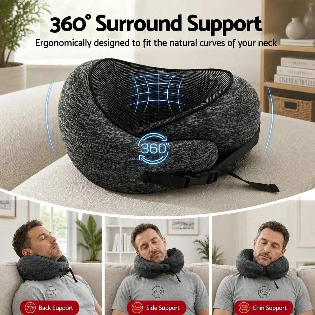 Travel Neck Pillow Memory Foam Ergonomic Support for Airplane Car Train Office 30x24x15cm