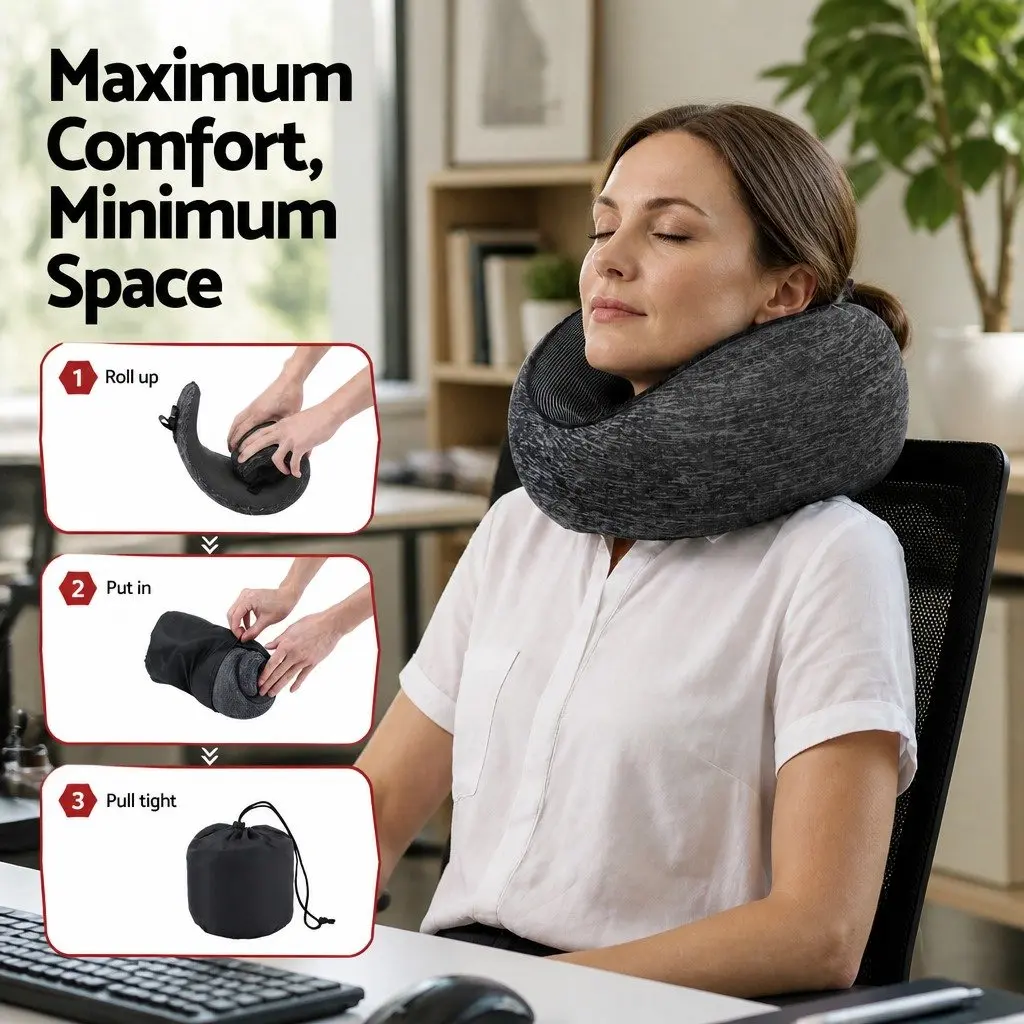 Travel Neck Pillow Memory Foam Ergonomic Support for Airplane Car Train Office 30x24x15cm