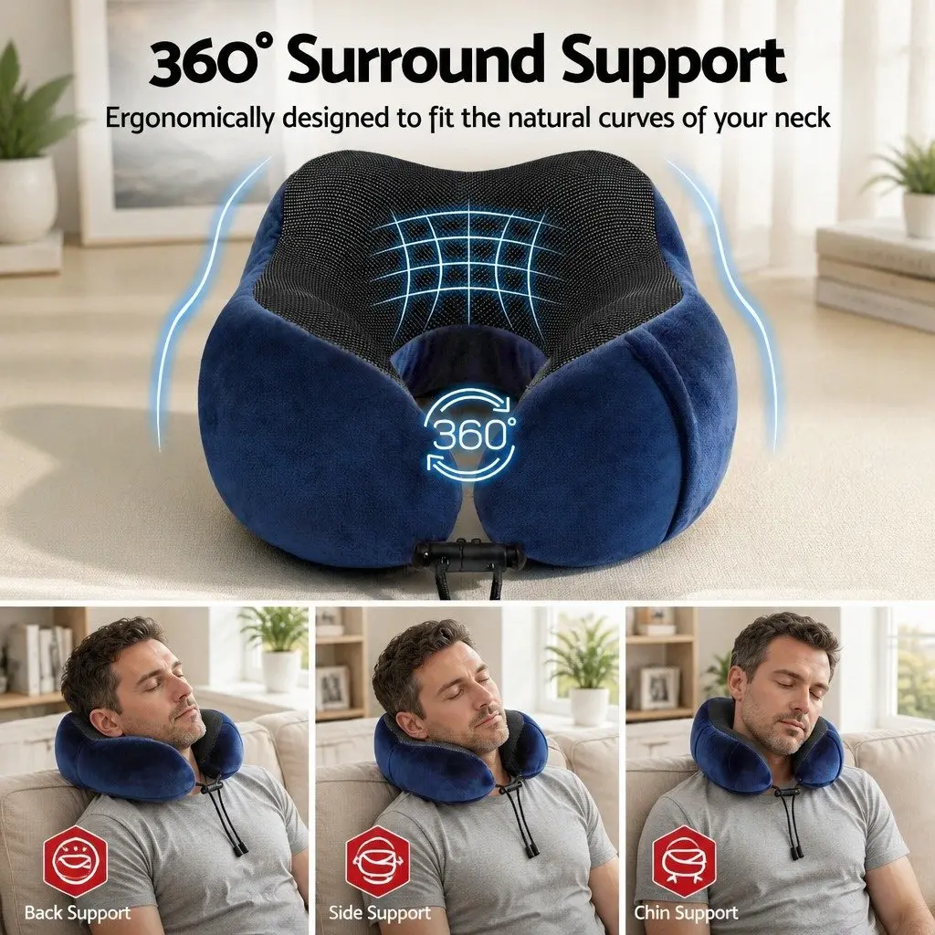 Memory Foam Travel Neck Pillow for Airplane Use Blue