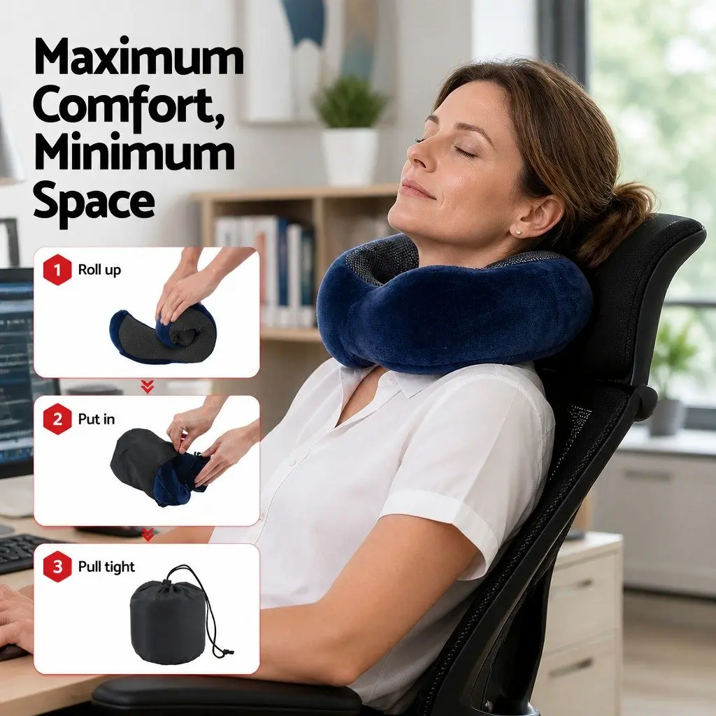 Memory Foam Travel Neck Pillow for Airplane Use Blue