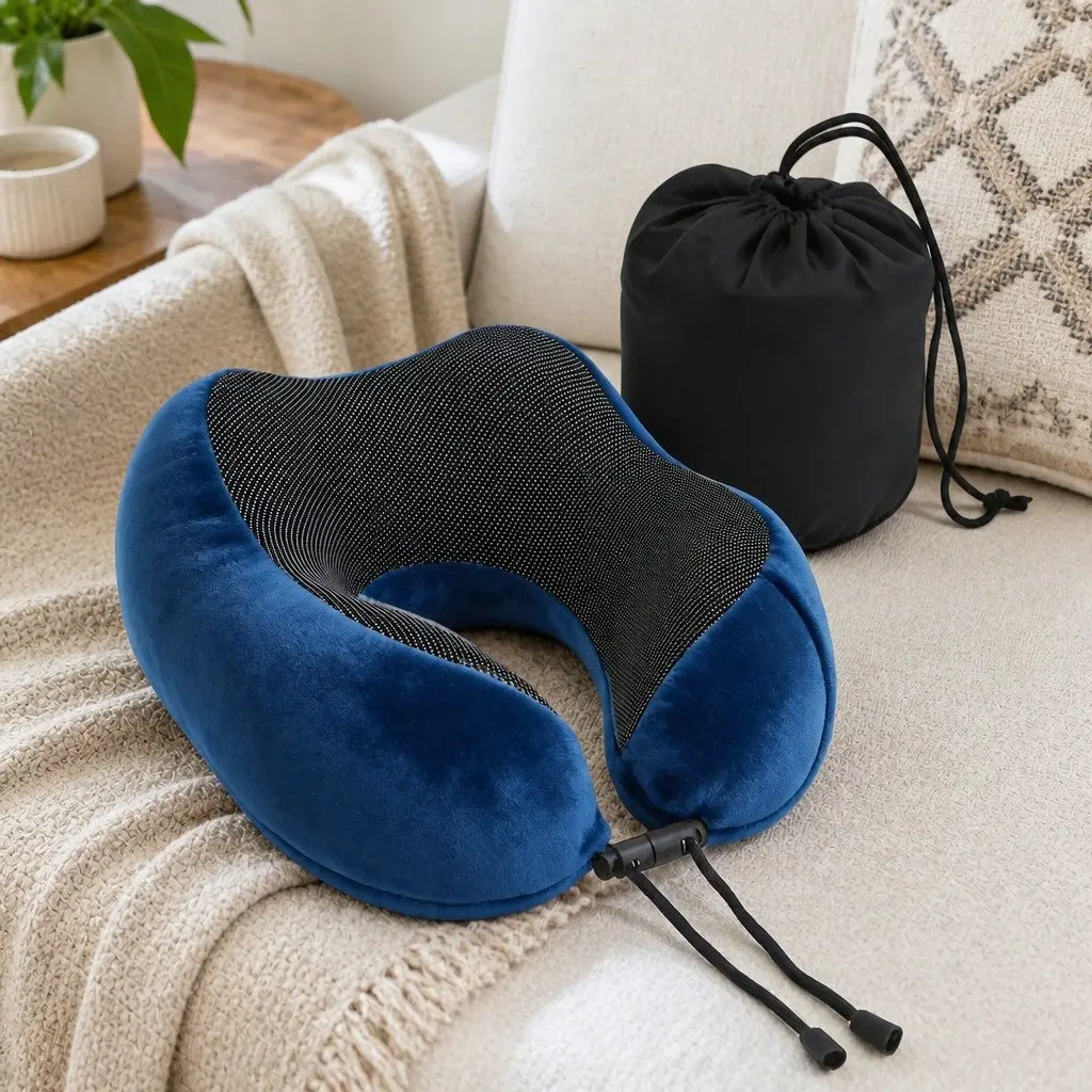Memory Foam Travel Neck Pillow for Airplane Use Blue