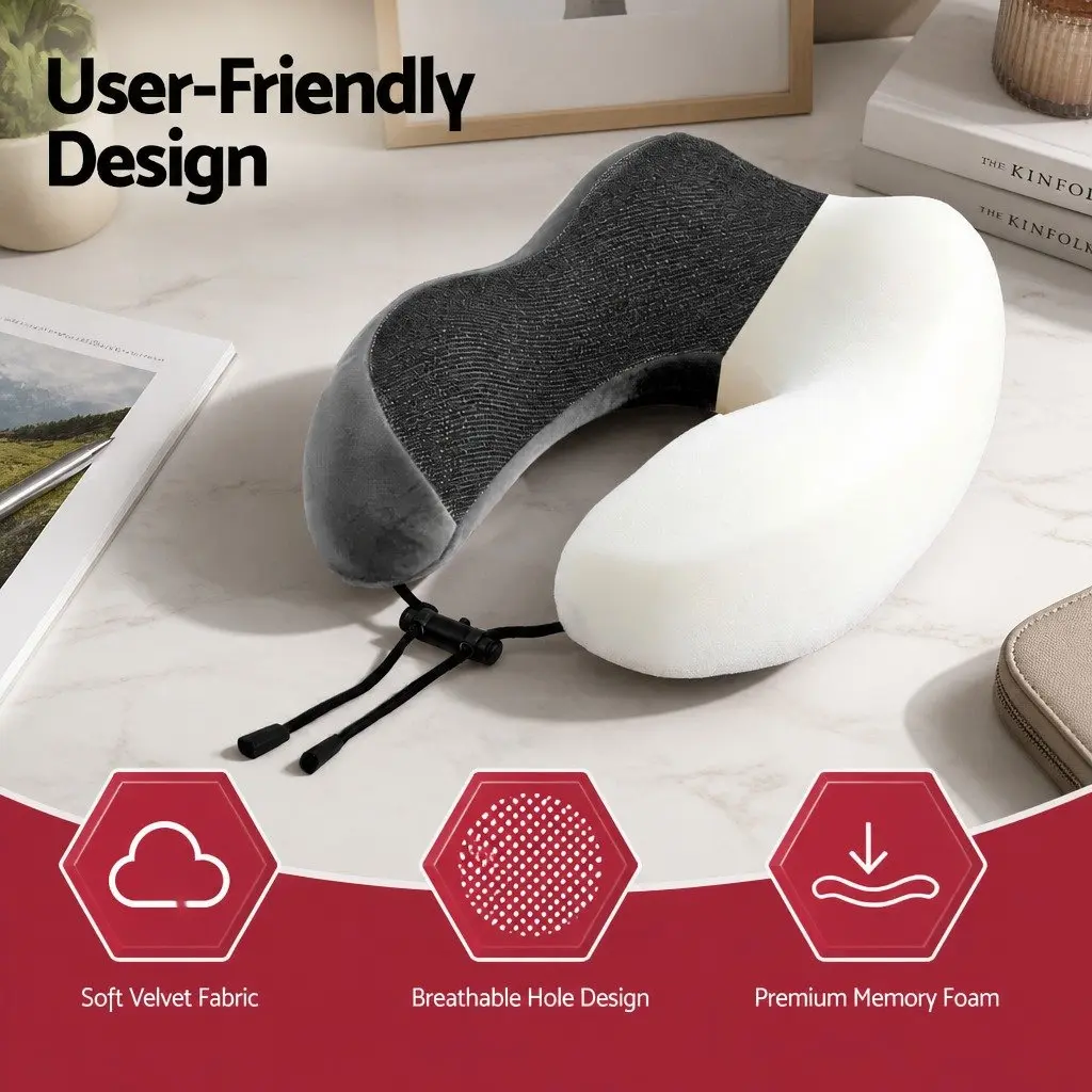 Travel Neck Pillow Memory Foam Grey Portable Airplane Car Office Pillow with