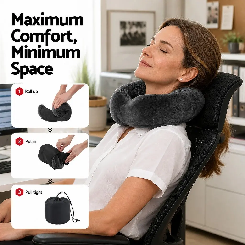 Travel Neck Pillow Memory Foam Grey Portable Airplane Car Office Pillow with