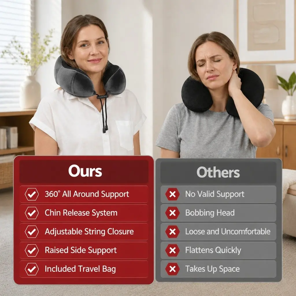 Travel Neck Pillow Memory Foam Grey Portable Airplane Car Office Pillow with