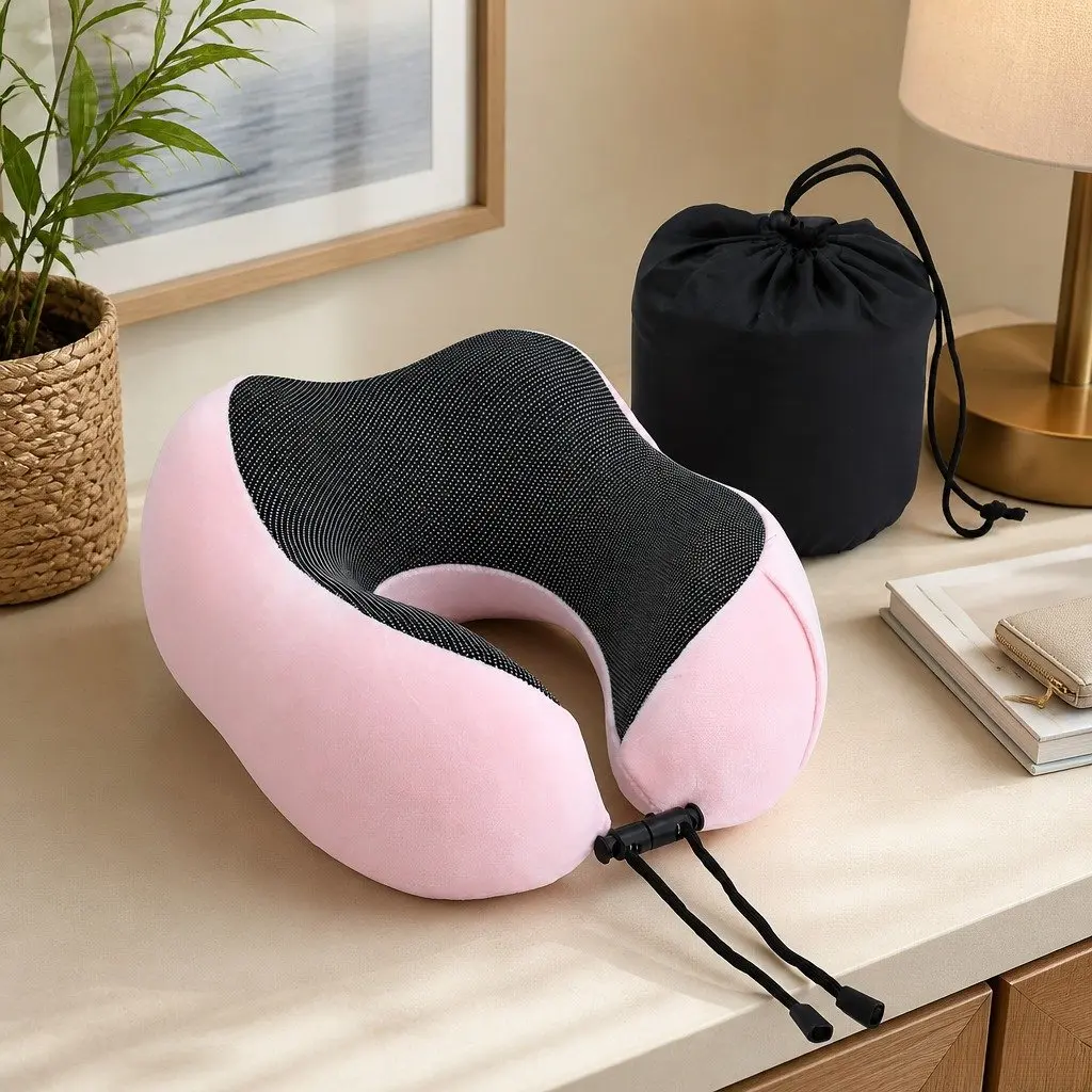 Pink Travel Neck Pillow with Memory Foam and Storage Bag