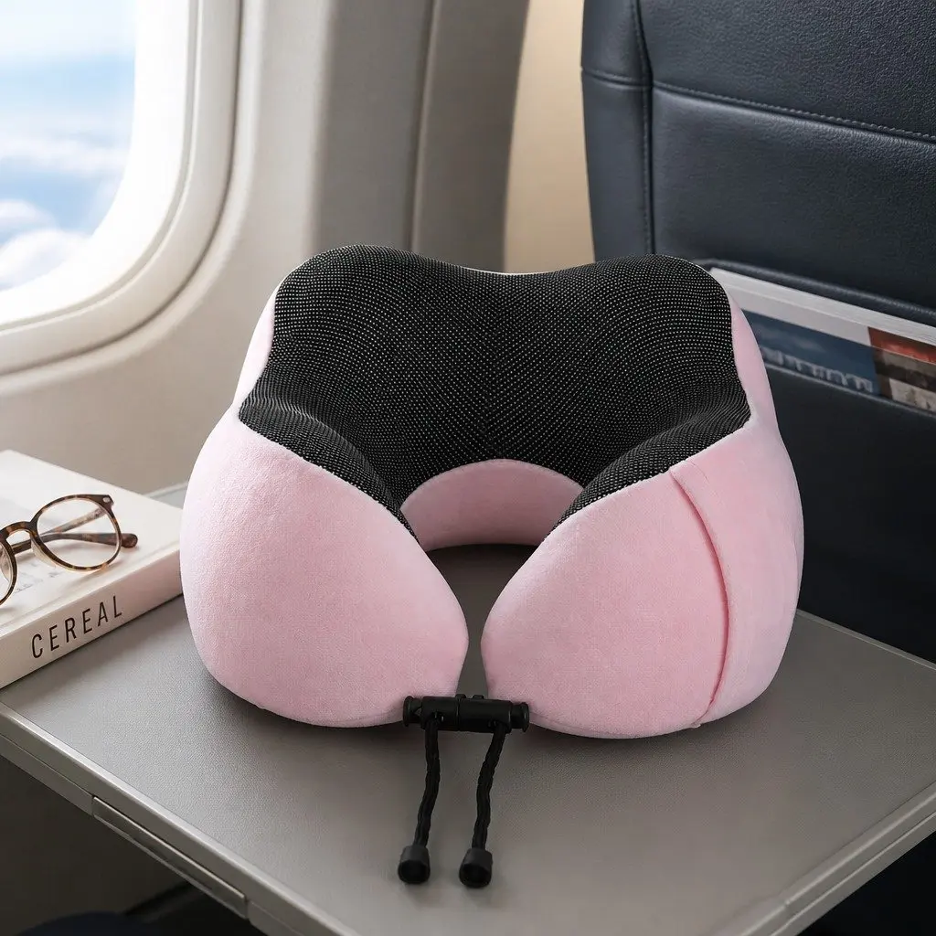 Pink Travel Neck Pillow with Memory Foam and Storage Bag