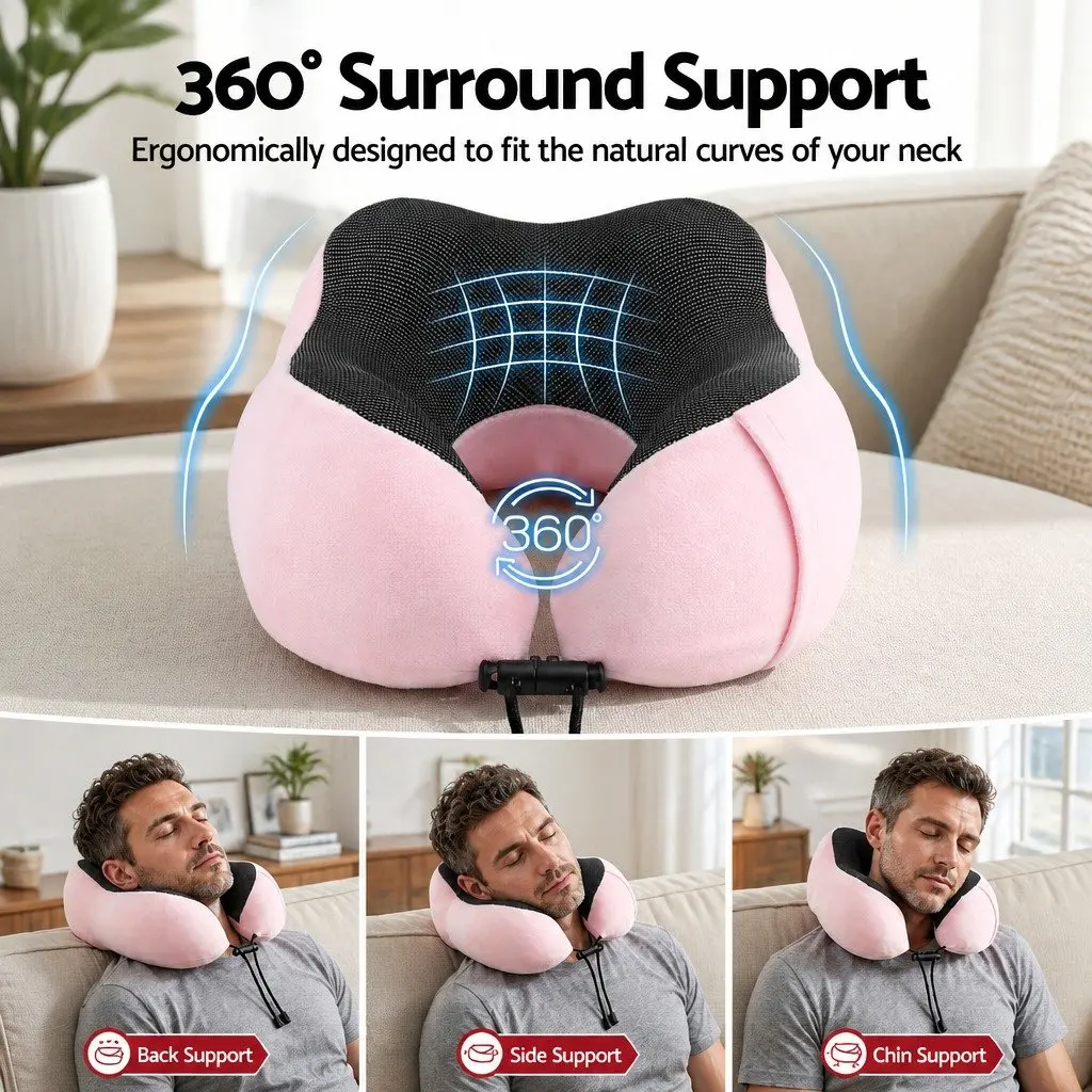 Pink Travel Neck Pillow with Memory Foam and Storage Bag