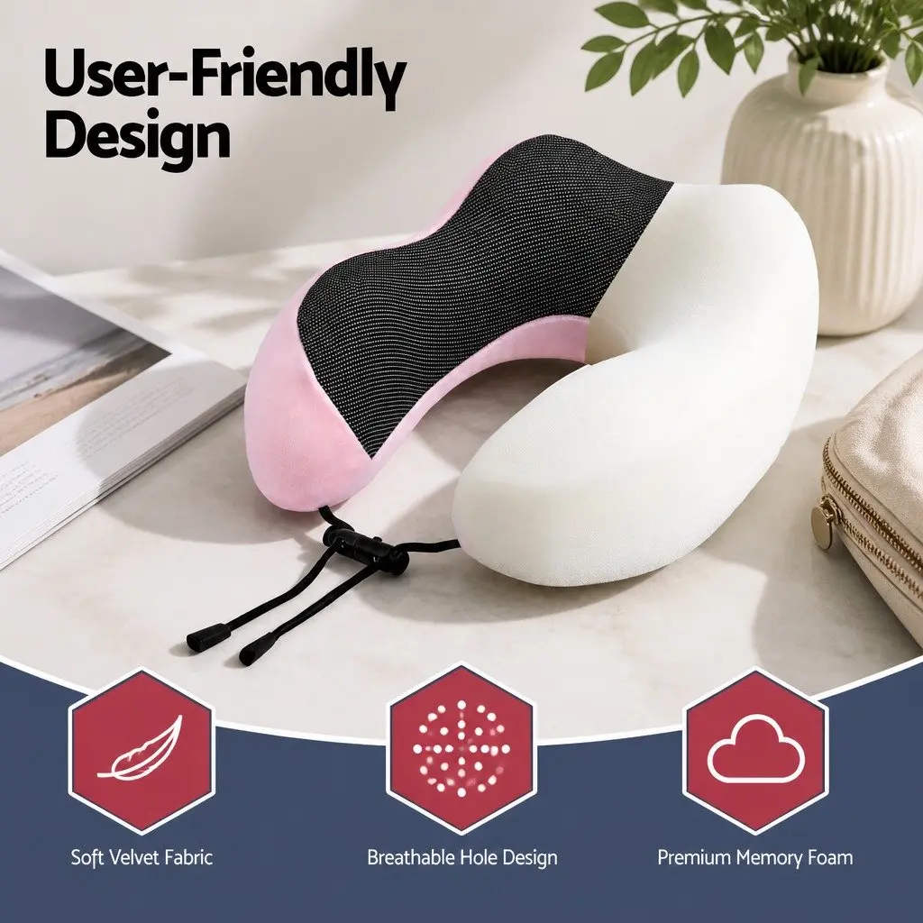 Pink Travel Neck Pillow with Memory Foam and Storage Bag