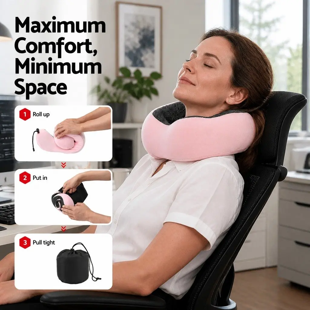 Pink Travel Neck Pillow with Memory Foam and Storage Bag