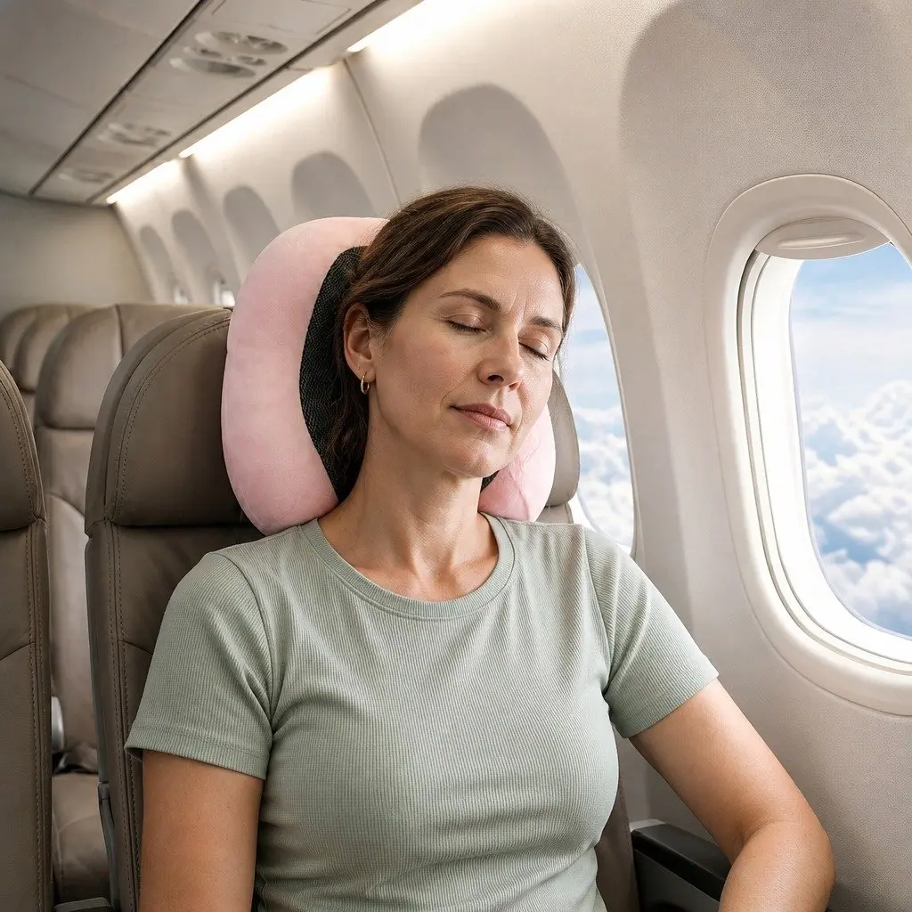Pink Travel Neck Pillow with Memory Foam and Storage Bag