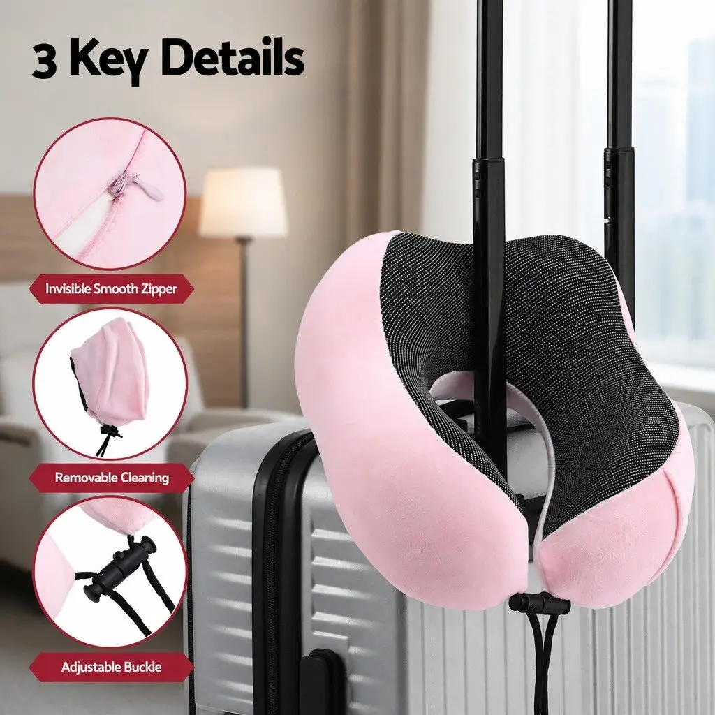 Pink Travel Neck Pillow with Memory Foam and Storage Bag