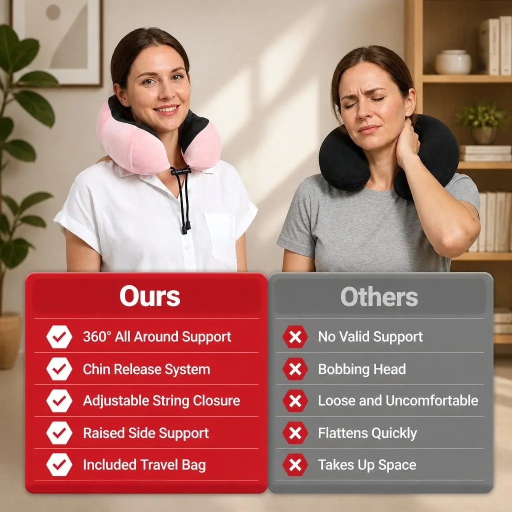 Pink Travel Neck Pillow with Memory Foam and Storage Bag