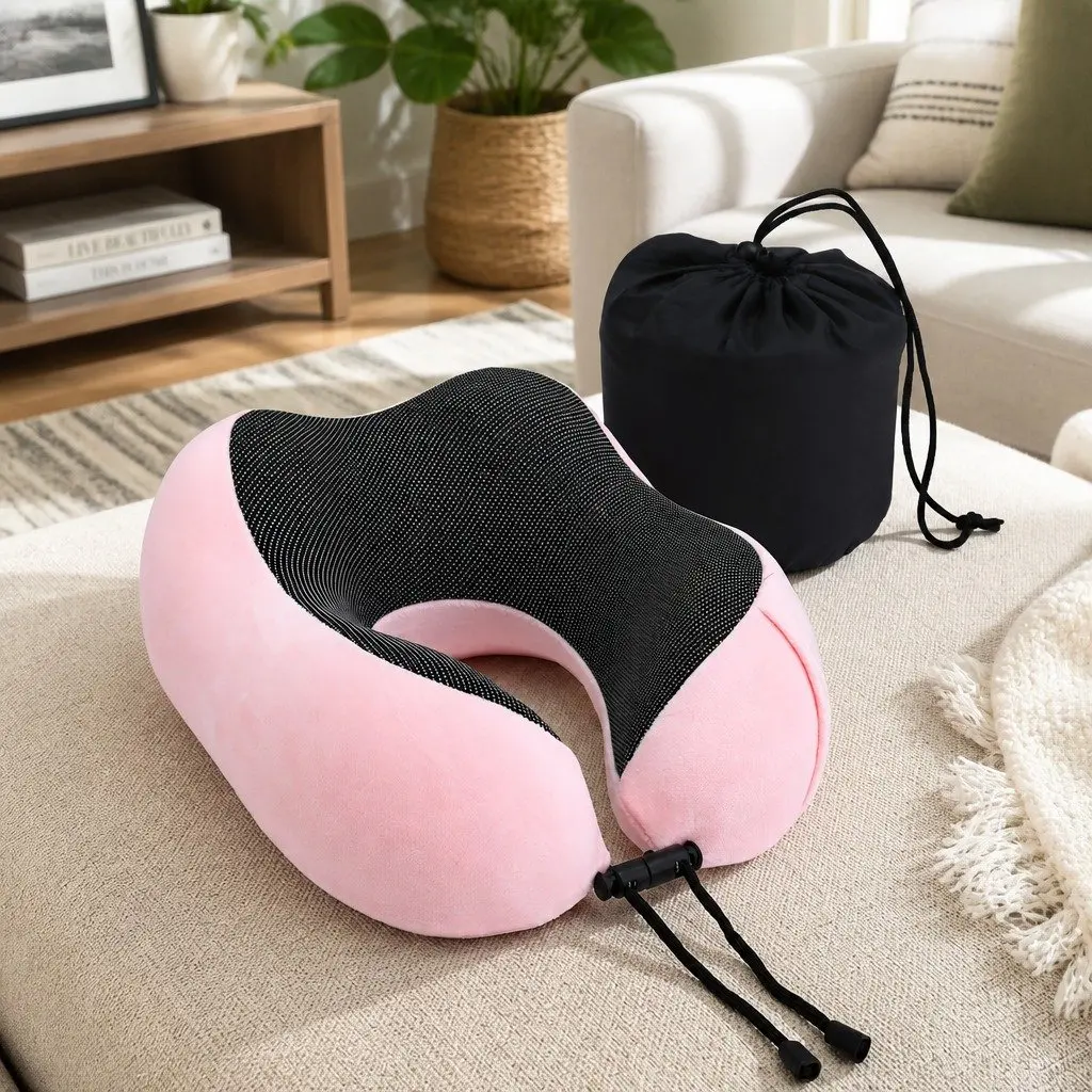 Pink Travel Neck Pillow with Memory Foam and Storage Bag