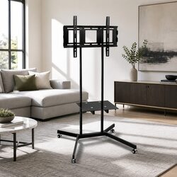 Mobile TV Stand Floor Mount Bracket for 32"-65" Portable Trolley Cart with Shelf