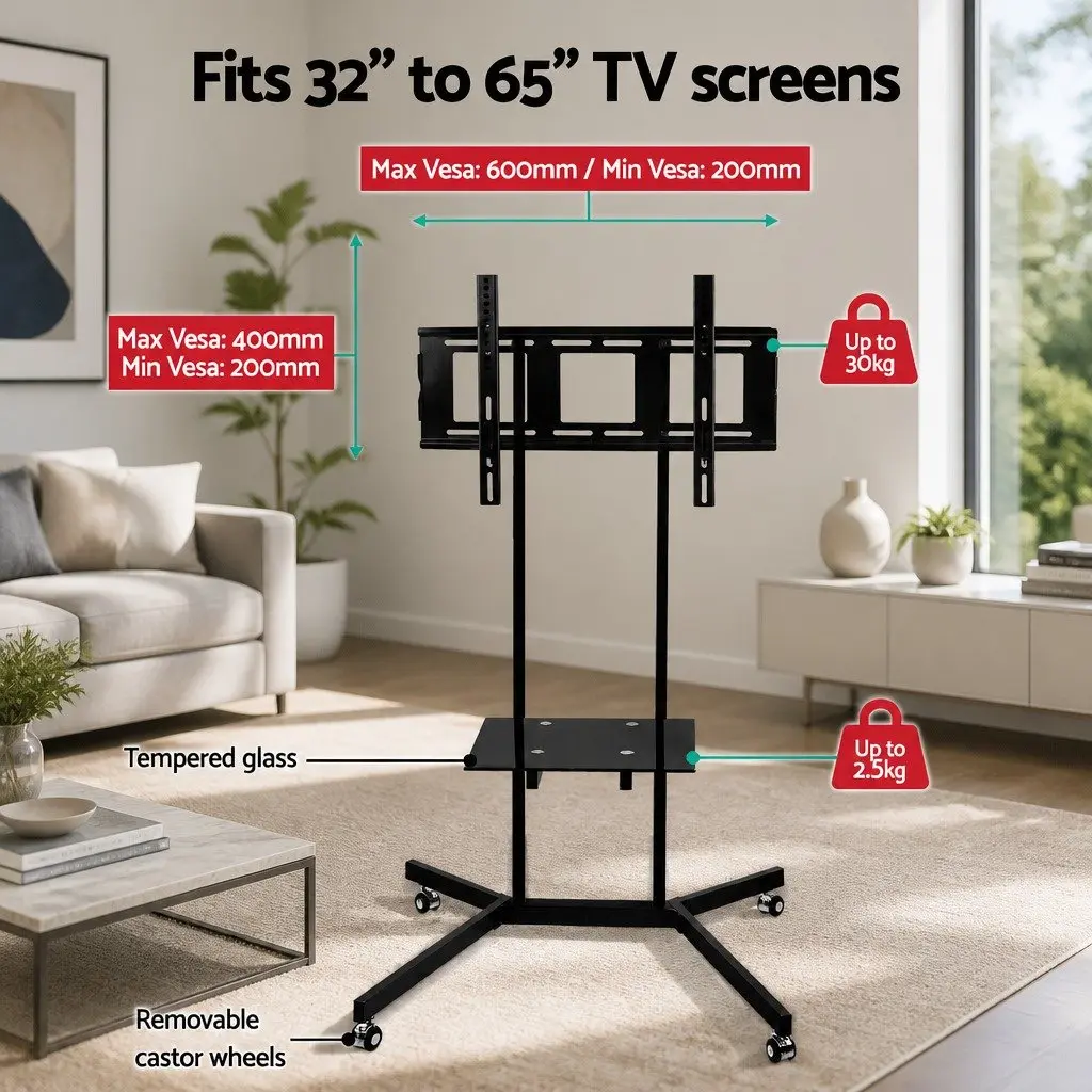 Mobile TV Stand for Living Room 32 to 65 Inch Adjustable Height Trolley Cart with Shelf