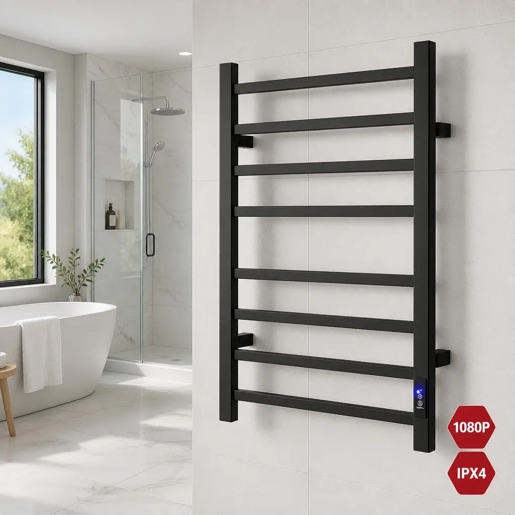 Heated Towel Rail 8 Square Bars Electric Warmer Rack with Timer Wall Mounted