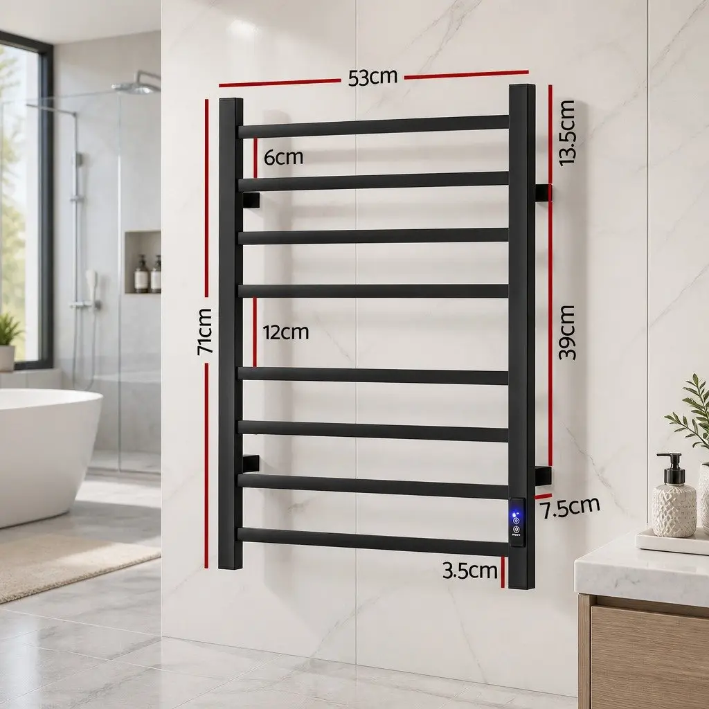 Heated Towel Rail 8 Square Bars Electric Warmer Rack with Timer Wall Mounted