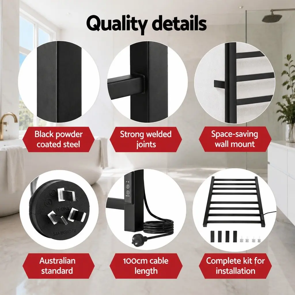 Heated Towel Rail 8 Square Bars Electric Warmer Rack with Timer Wall Mounted