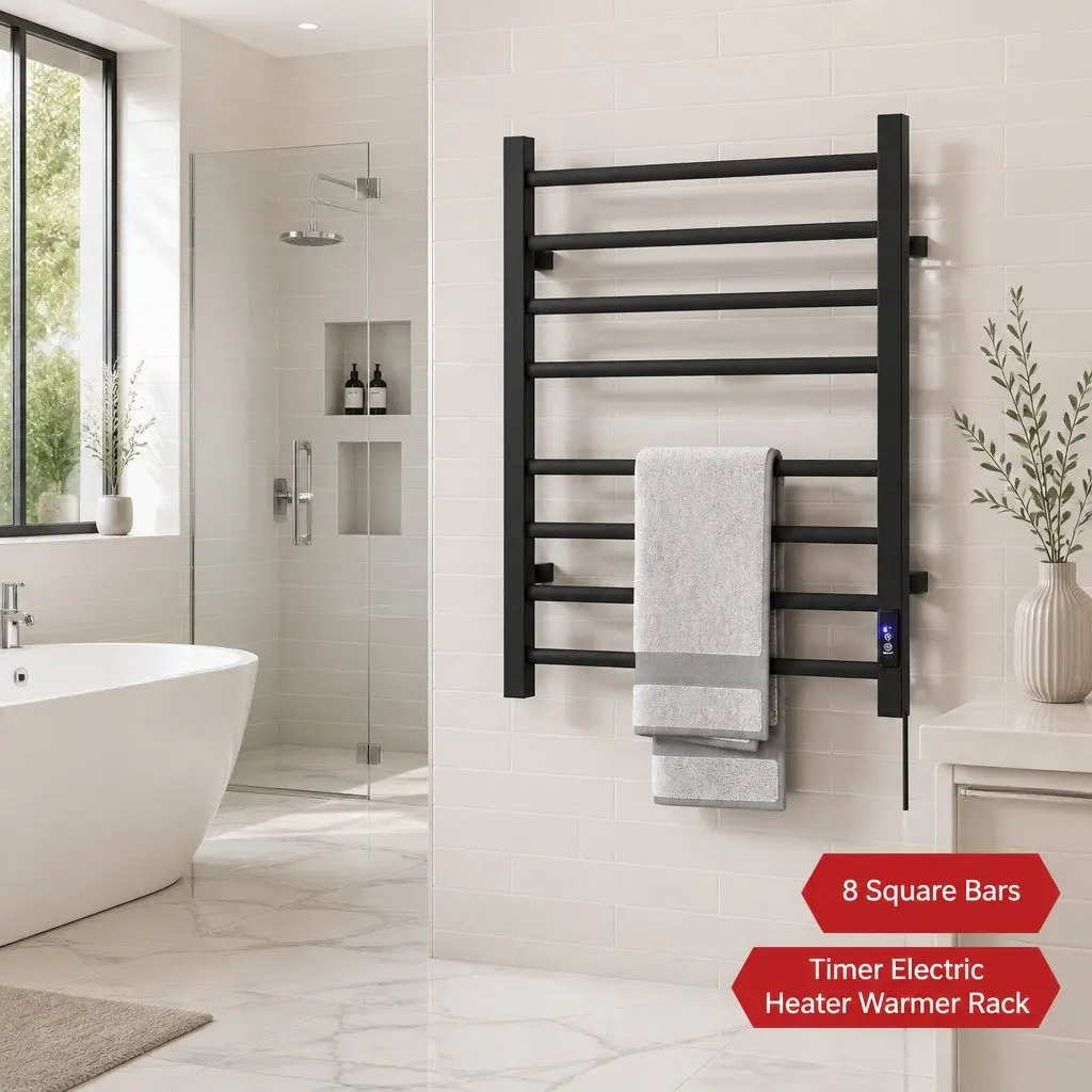 Heated Towel Rail 8 Square Bars Electric Warmer Rack with Timer Wall Mounted