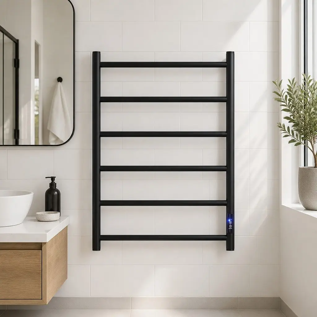 Heated Towel Rail Electric Warmer Rack Wall Mounted 6 Round Bars Black