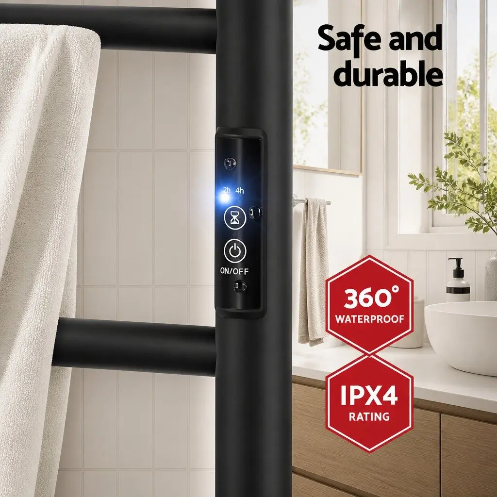 Heated Towel Rail Electric Warmer Rack Wall Mounted 6 Round Bars Black