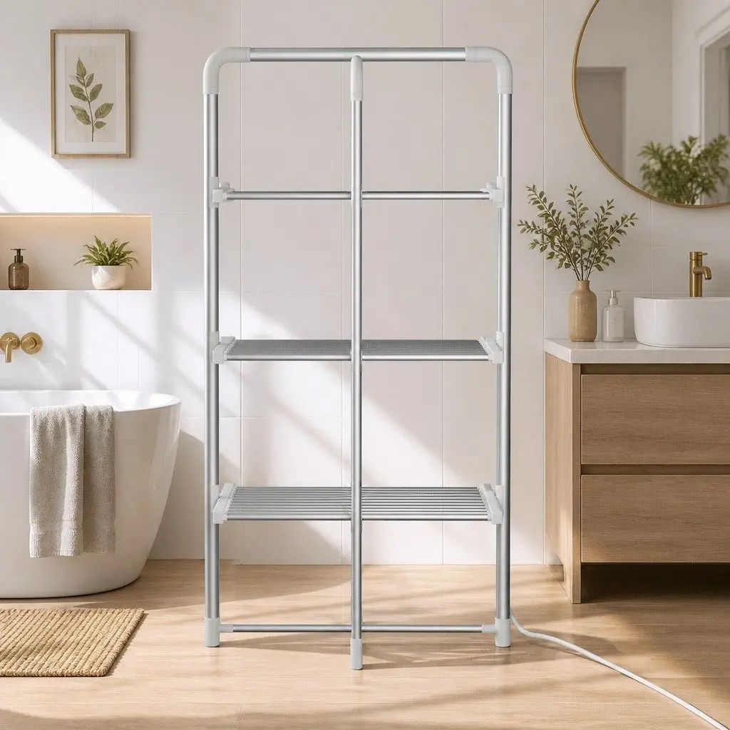 Electric Heated Towel Rail Rack 30 Bars Foldable Clothes Dryer Warmer Silver