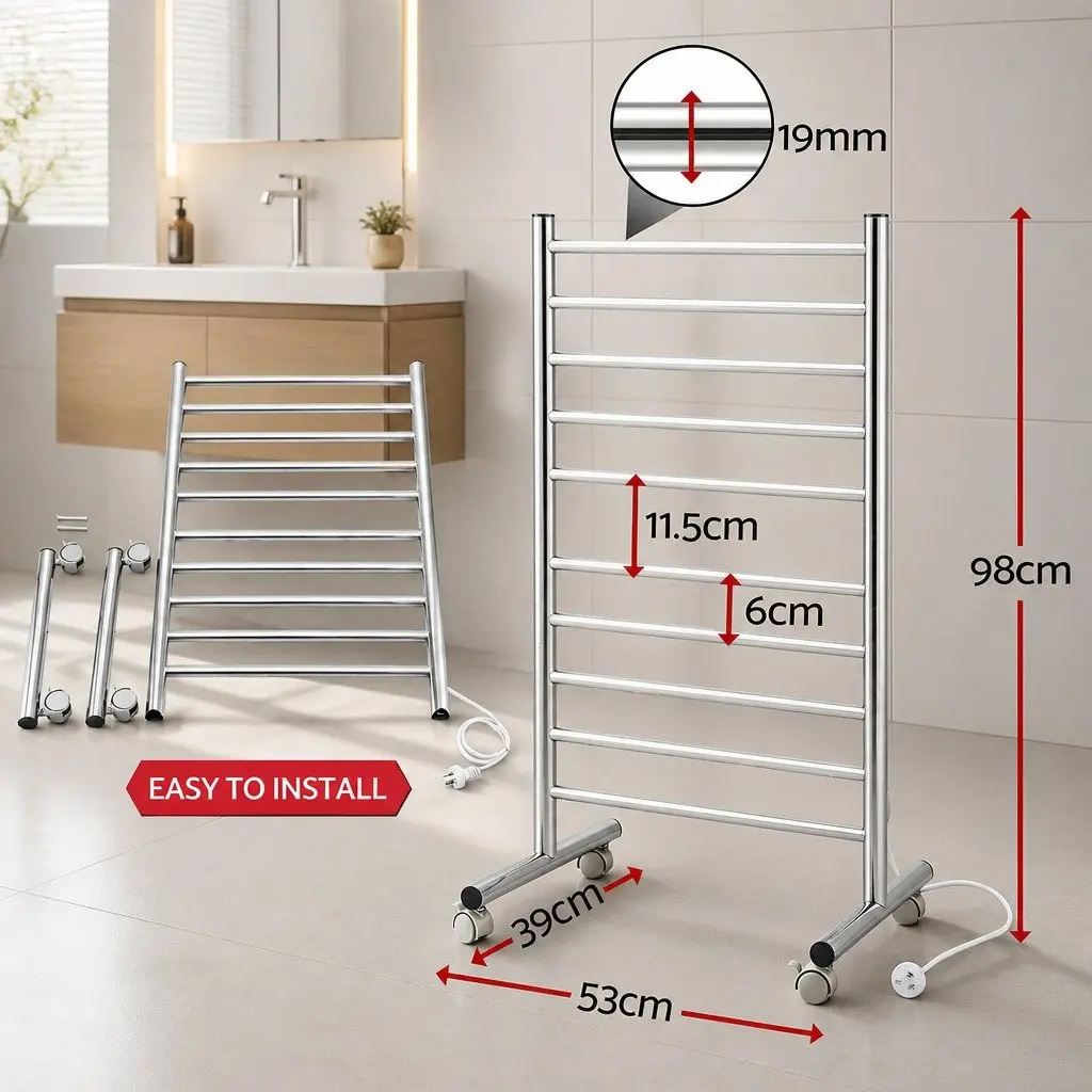 Heated Towel Rail Freestanding Bathroom 10-Bar Stainless Steel 53cm x 39cm x 98cm