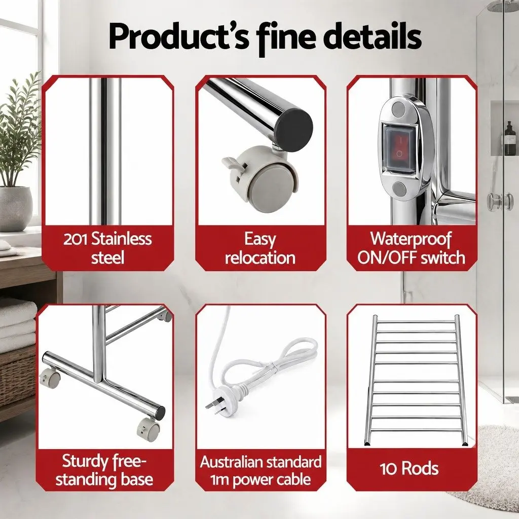 Heated Towel Rail Freestanding Bathroom 10-Bar Stainless Steel 53cm x 39cm x 98cm