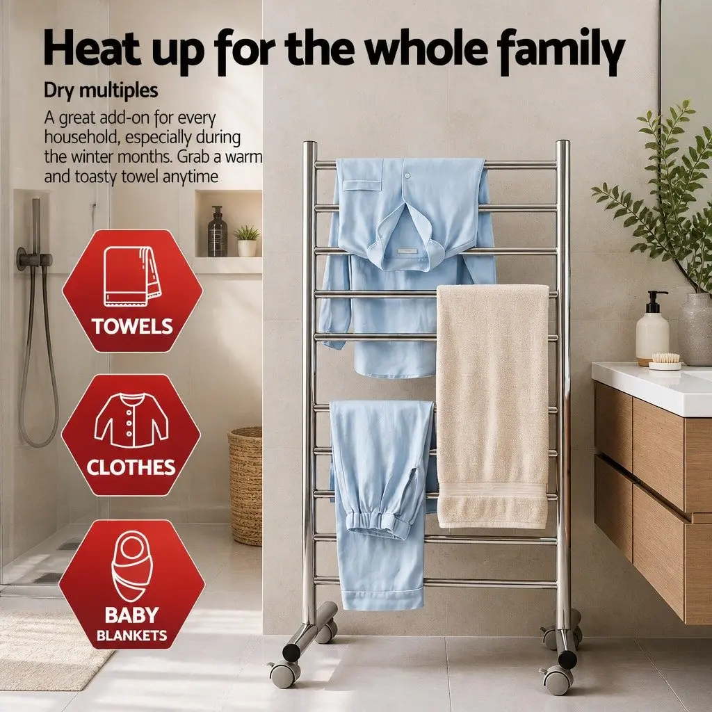Heated Towel Rail Freestanding Bathroom 10-Bar Stainless Steel 53cm x 39cm x 98cm