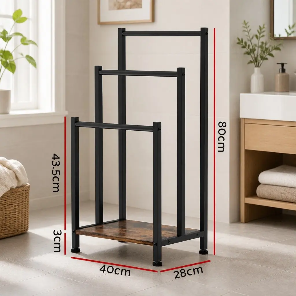 3 Tier Freestanding Towel Rack Black Metal Frame Bathroom Laundry Drying Storage