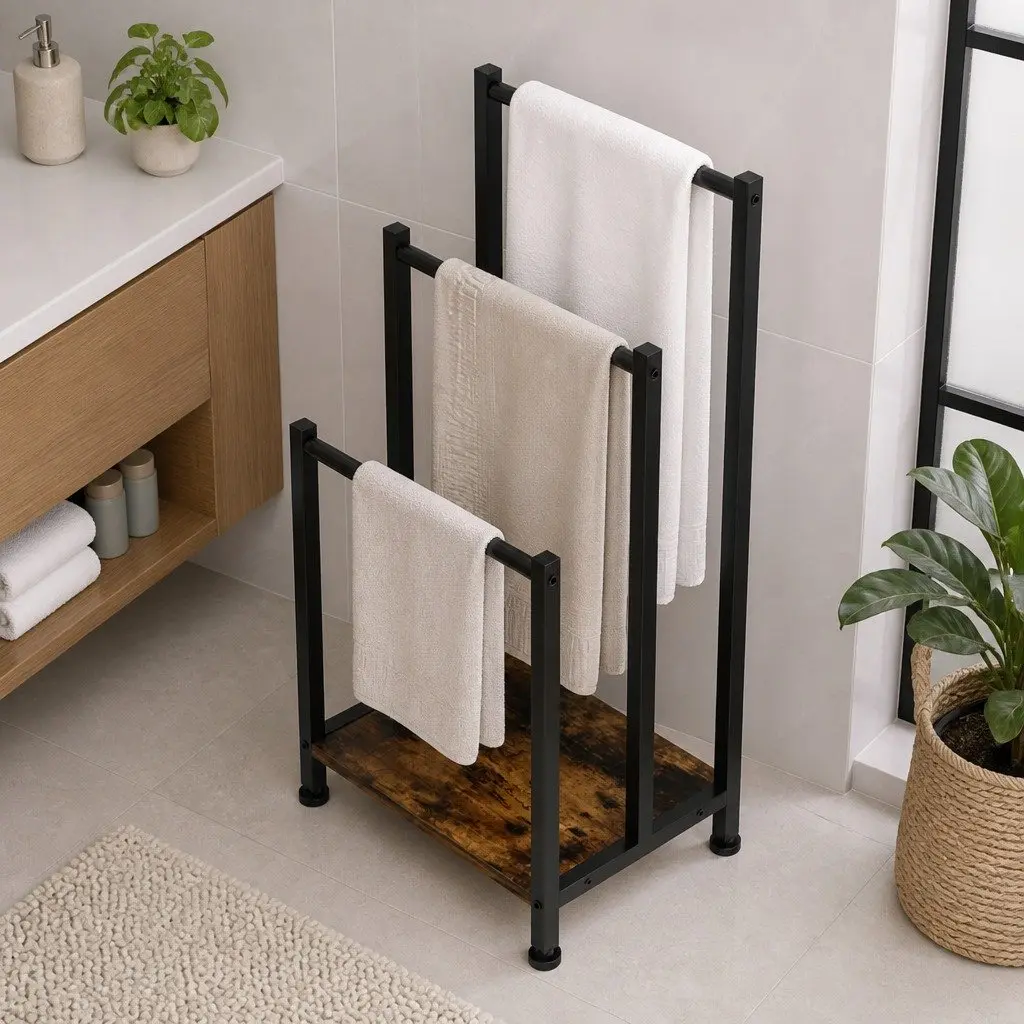3 Tier Freestanding Towel Rack Black Metal Frame Bathroom Laundry Drying Storage