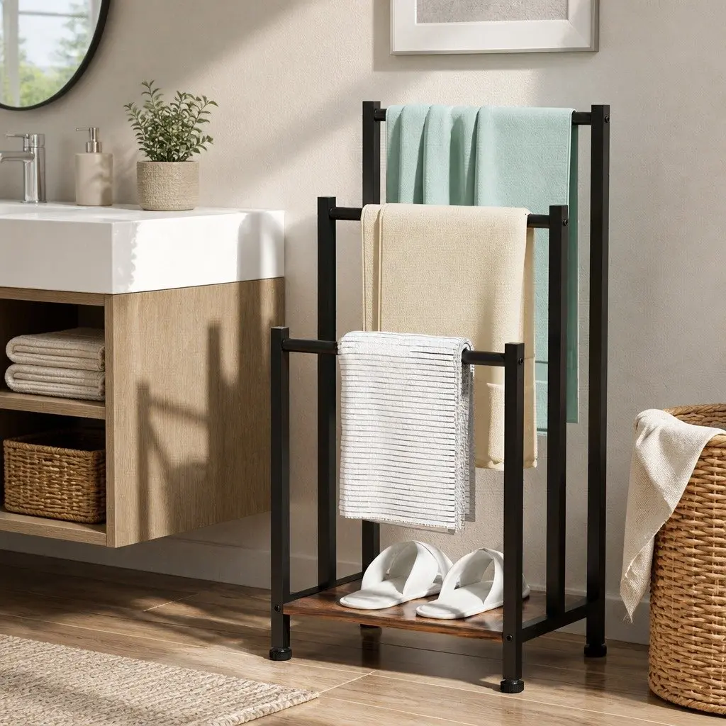 3 Tier Freestanding Towel Rack Black Metal Frame Bathroom Laundry Drying Storage