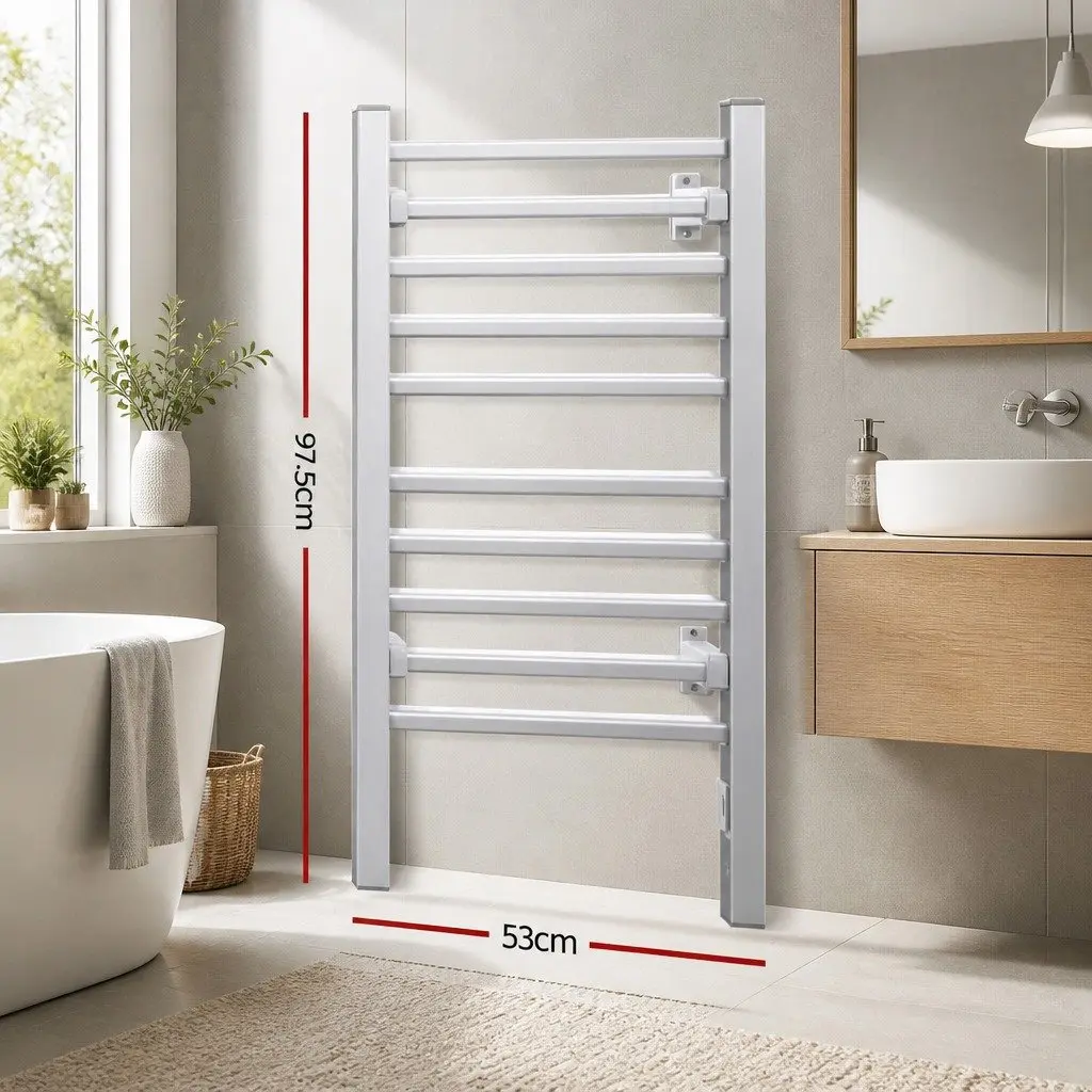 Electric Heated Towel Rail Freestanding 10 Bars Silver 53cm x 35cm x 97.5cm