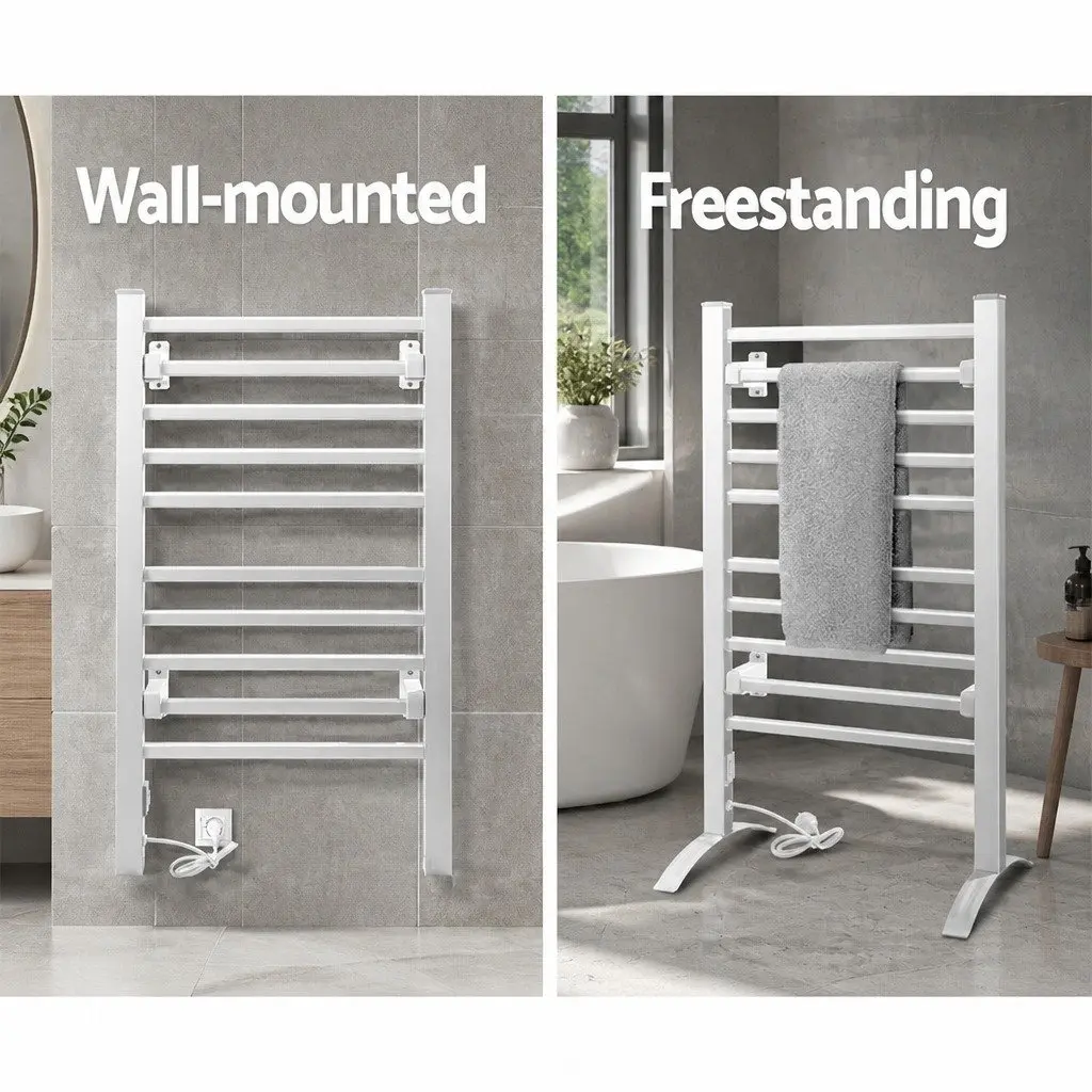 Electric Heated Towel Rail Freestanding 10 Bars Silver 53cm x 35cm x 97.5cm