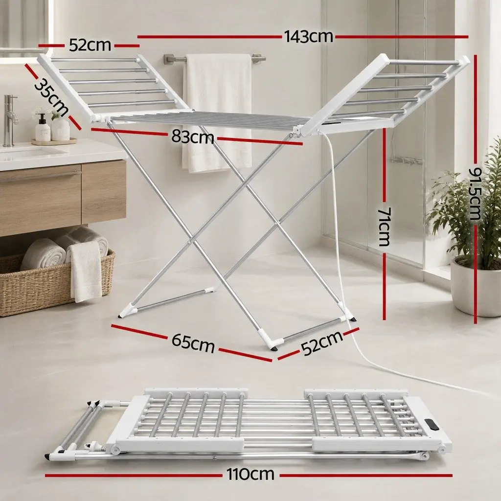 Electric Heated Towel Rail Rack Foldable Portable Clothes Drying Stand 18 Rods