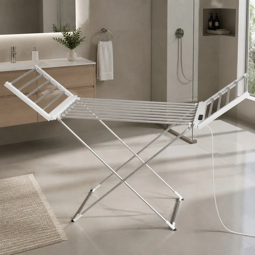 Electric Heated Towel Rail Rack Foldable Portable Clothes Drying Stand 18 Rods