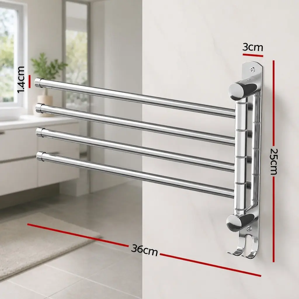 Stainless Steel Towel Rail Wall Mounted Bathroom Holder 4 Bars 36 x 25 x 3cm