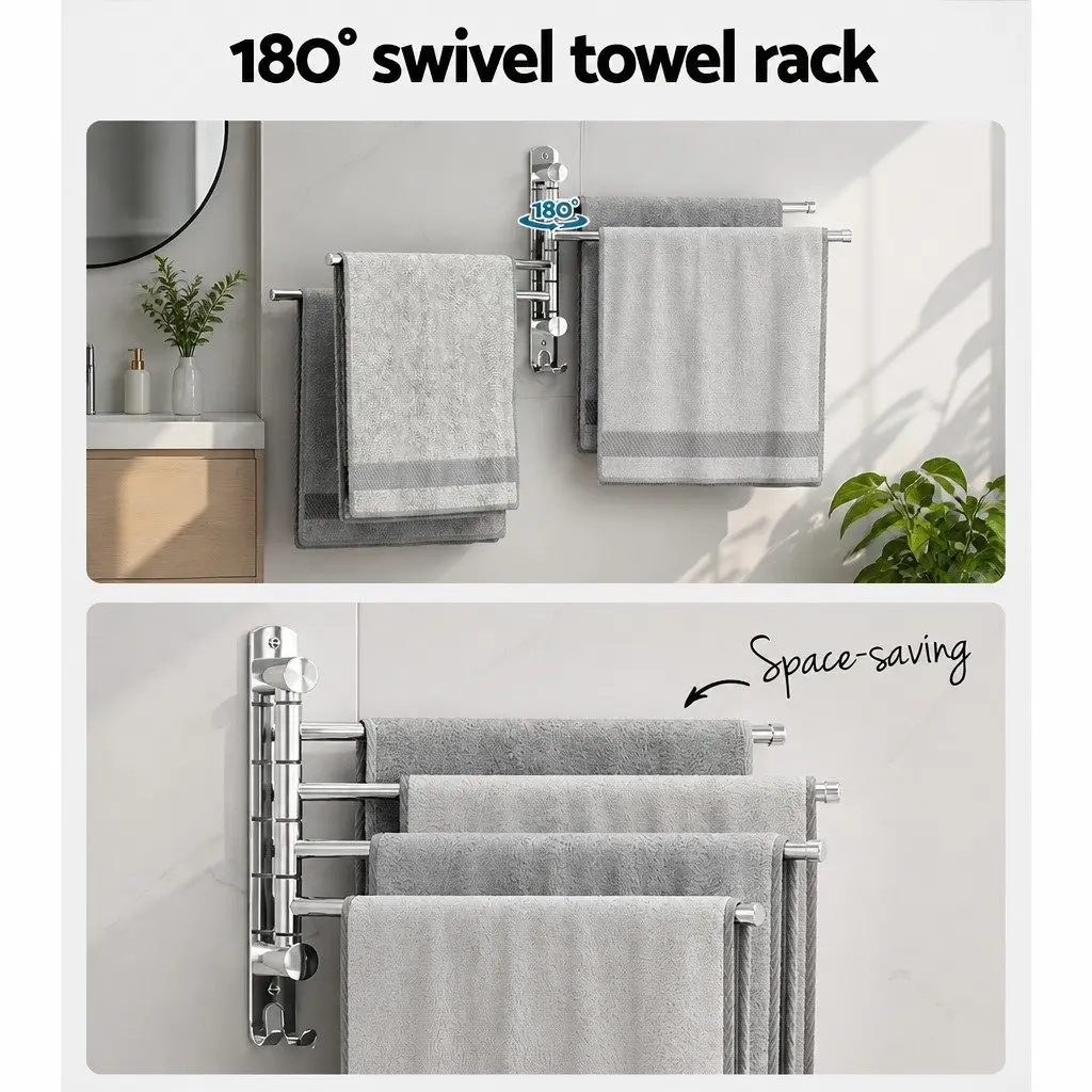 Stainless Steel Towel Rail Wall Mounted Bathroom Holder 4 Bars 36 x 25 x 3cm