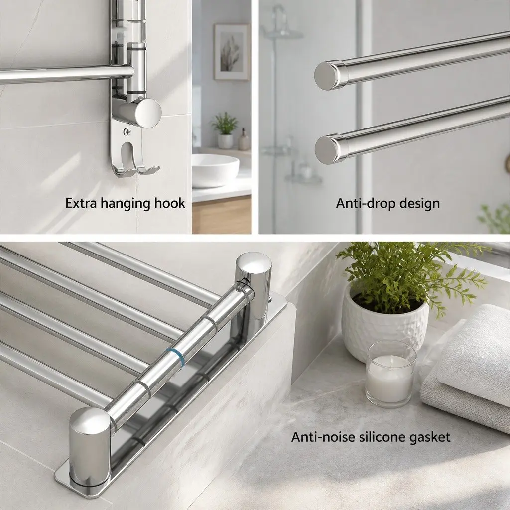 Stainless Steel Towel Rail Wall Mounted Bathroom Holder 4 Bars 36 x 25 x 3cm