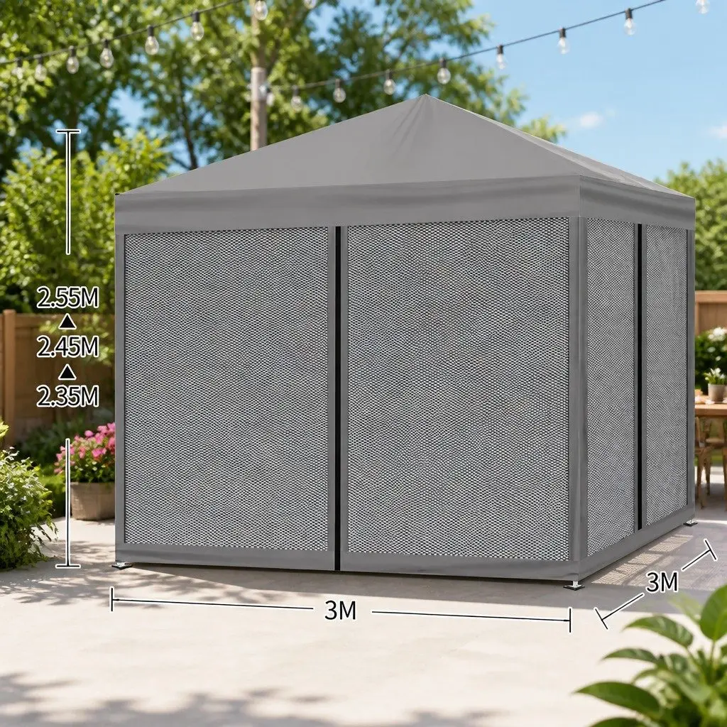 Pop Up Gazebo 3x3m Outdoor Marquee Tent Mesh Walls Adjustable Height Grey