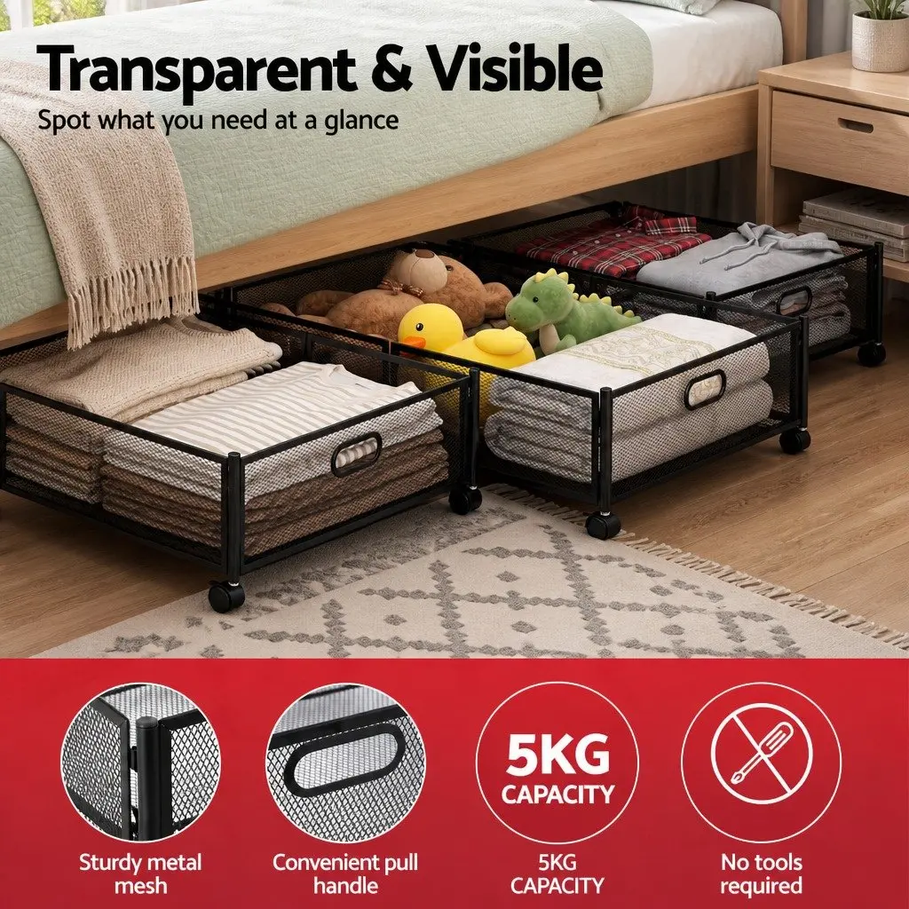 Under Bed Storage Containers Set of 2 for Bedroom 60cm x 40cm x 16cm Metal Boxes with Wheels