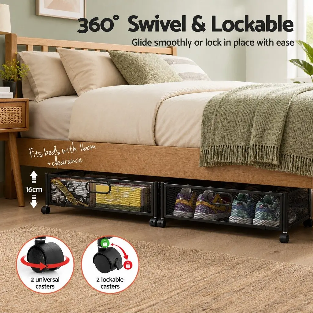 Under Bed Storage Containers Set of 2 for Bedroom 60cm x 40cm x 16cm Metal Boxes with Wheels