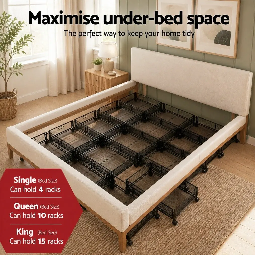 Under Bed Storage Containers Set of 2 for Bedroom 60cm x 40cm x 16cm Metal Boxes with Wheels