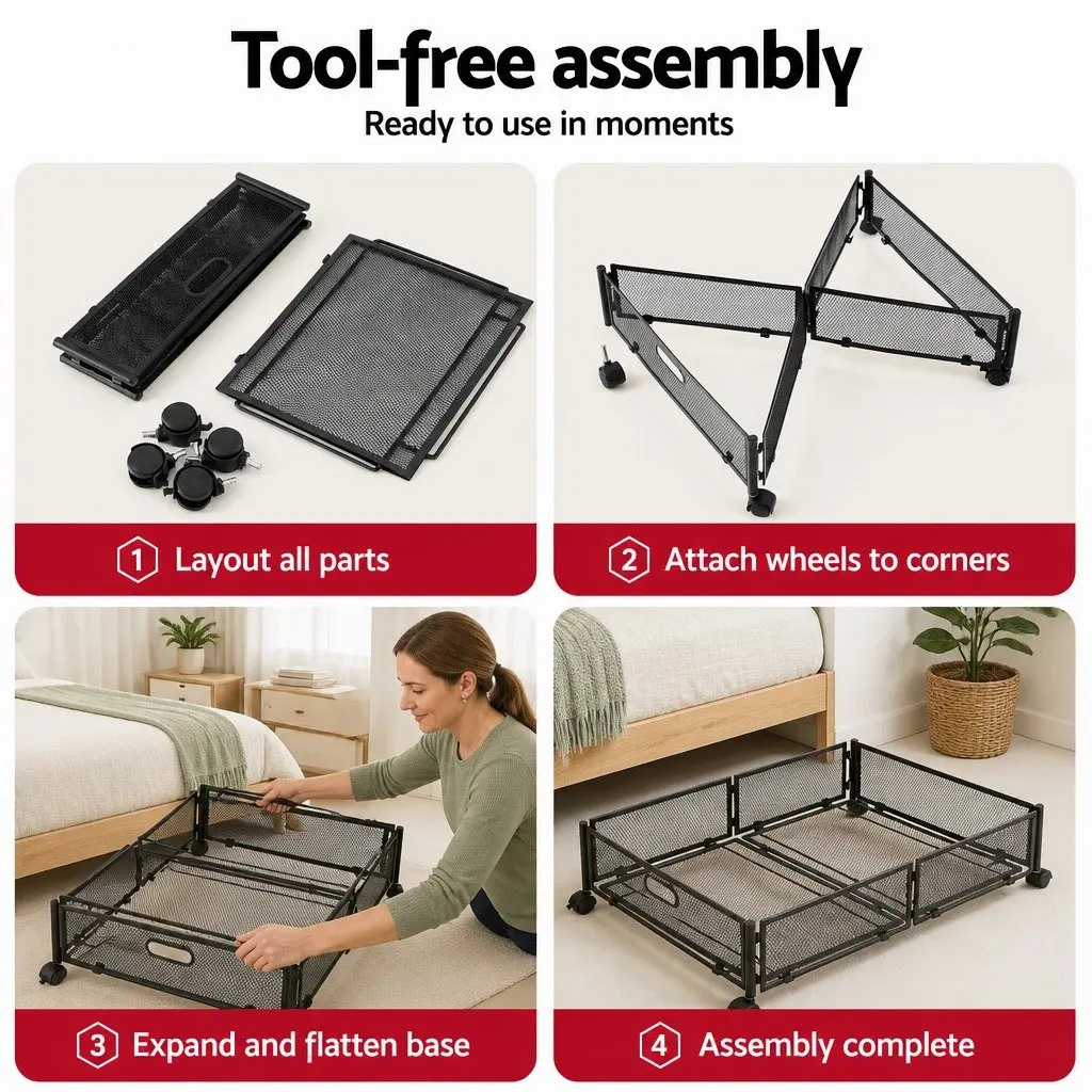 Under Bed Storage Containers Set of 2 for Bedroom 60cm x 40cm x 16cm Metal Boxes with Wheels